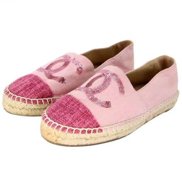 Authentic CHANEL CC Logo Canvas Pink Sequin Espadrilles Flats Shoes 38 - Picture 1 of 7